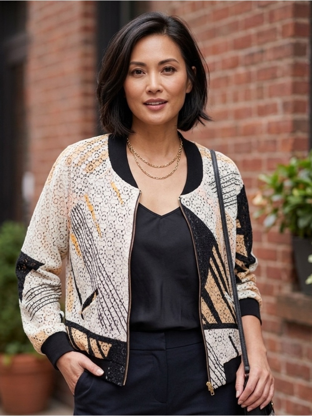 Weston USA Crochet Lace Bomber Jacket Geometric Colorblock Large